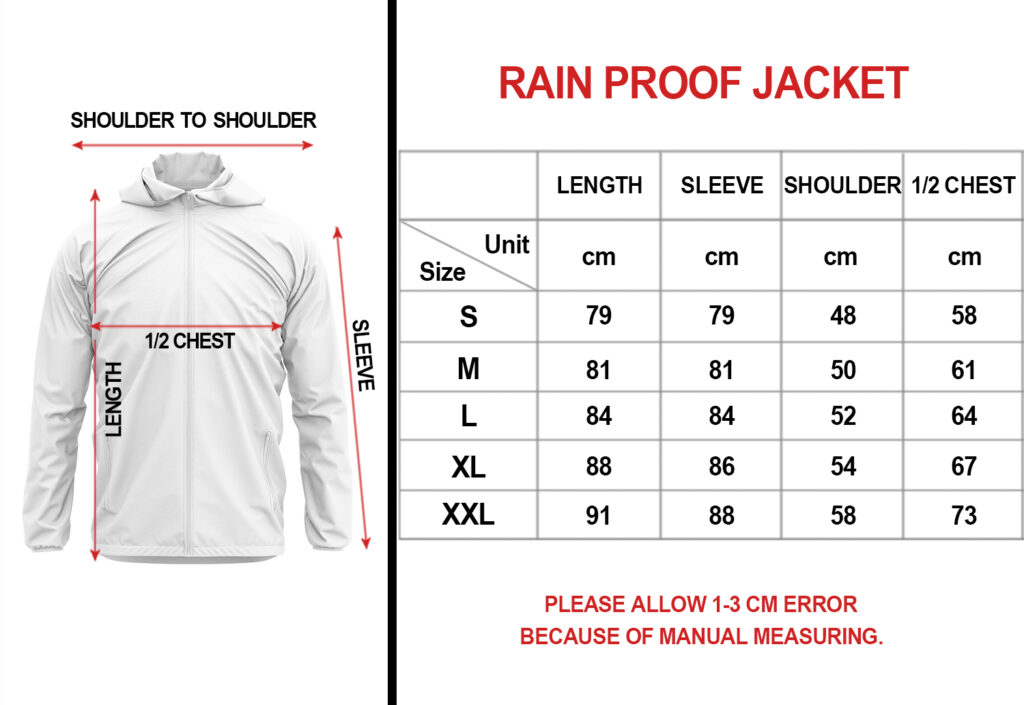 Rain Proof Jacket Sizechart